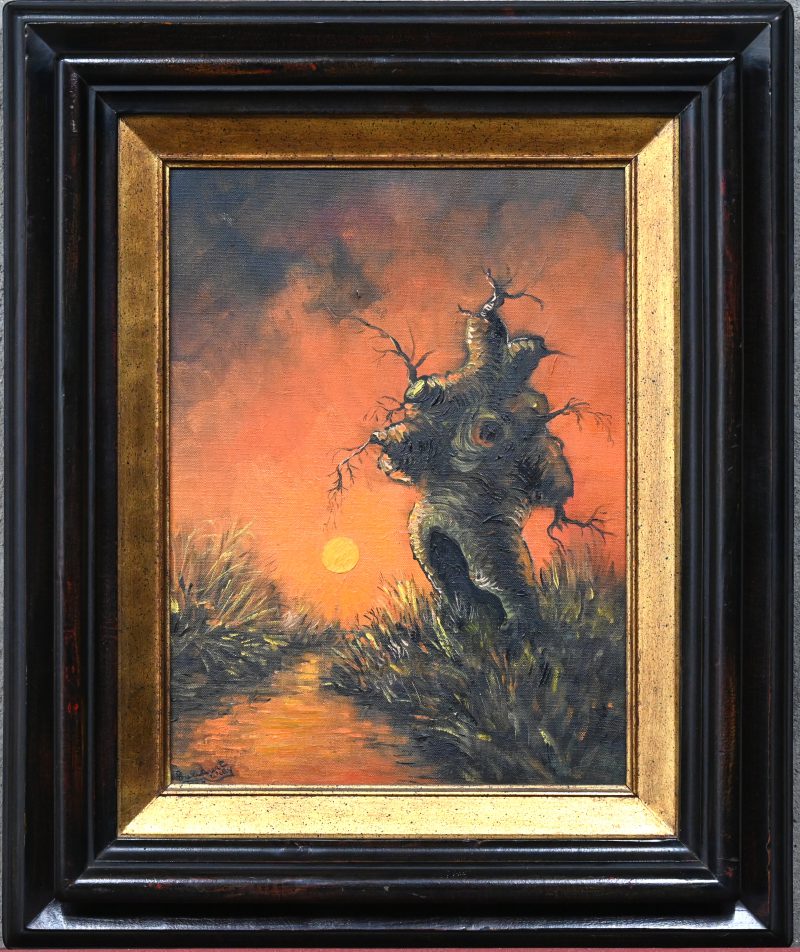 “Spooky Pollard”, schilderij olieverf op doek, afgebeeld knotwilg bij avondval, onderaan gesigneerd “Broeckaert Willy”.