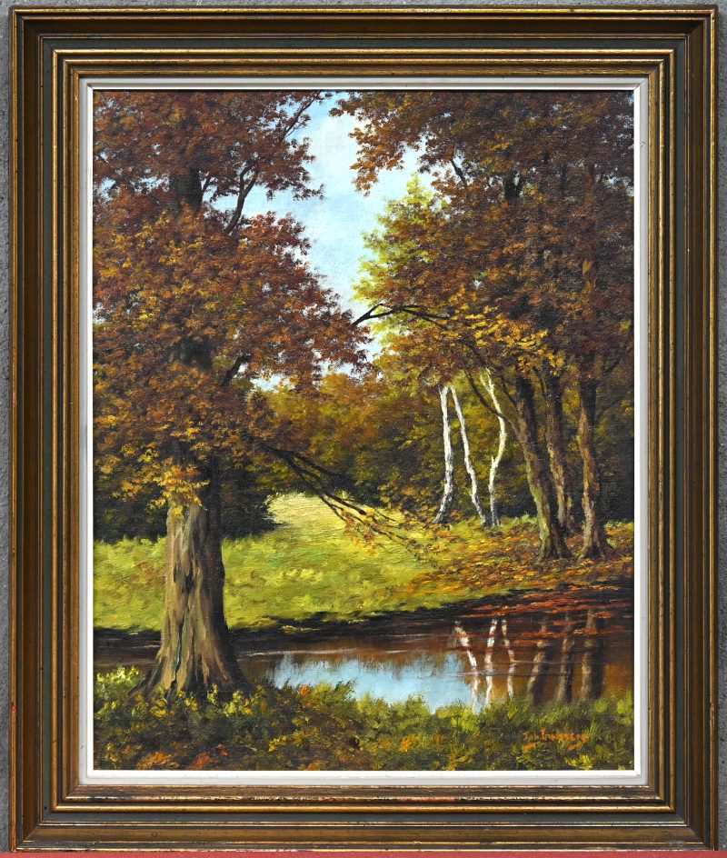 “Ven in bos”, schilderij olieverf op paneel, afgebeeld boszicht met ven, onderaan gesigneerd “Joh Janssen”.