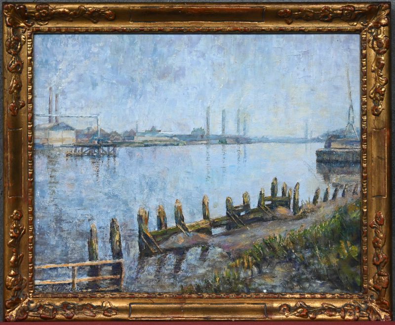 “Oeverzicht”, schilderij olieverf op paneel, afgebeeld rivierzicht vanop oever met industrie in de verte, onderaan onleesbaar gesigneerd.