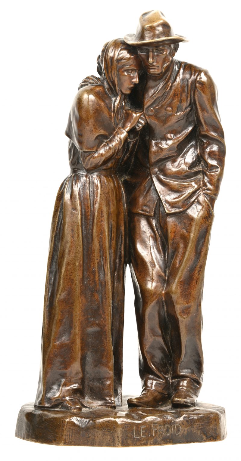 “Le Froid”, bronzen beeld van koppel in de koude, gesigneerd onderaan “P. Roger Bloche”.
