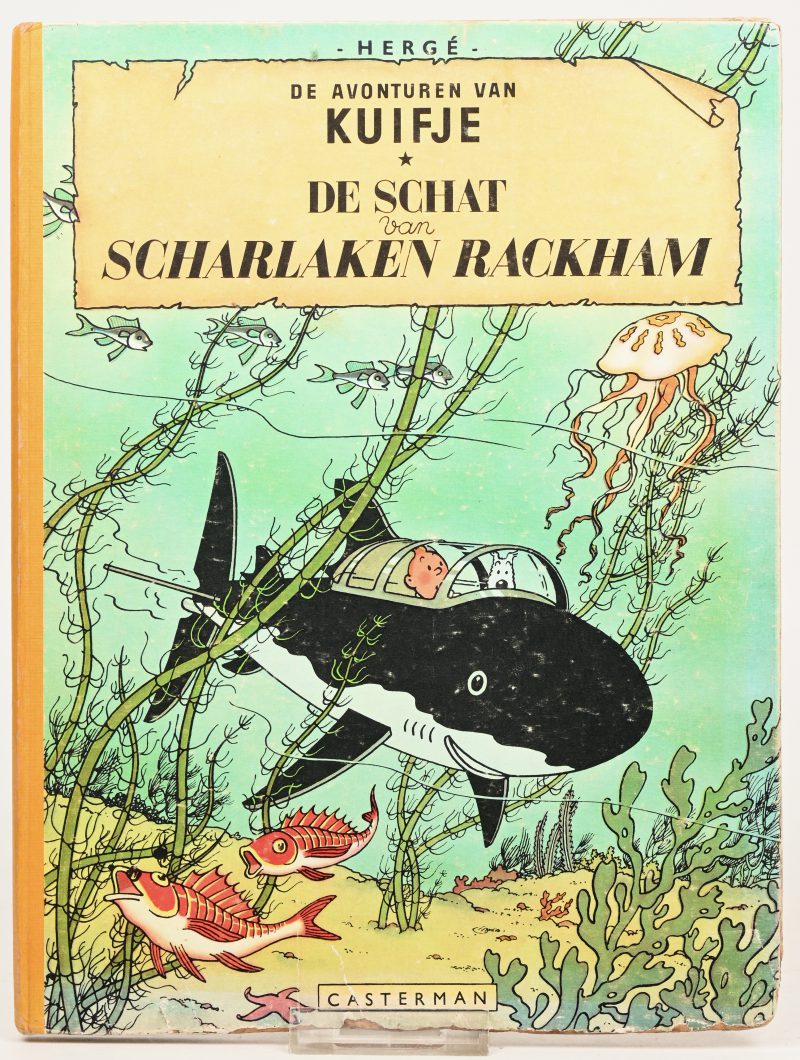 “De Schat van Scharlaken Rackham”. Hard cover, gele rug in goede staat, Ed. Casterman 1956 (A56’). Goed gelezen.