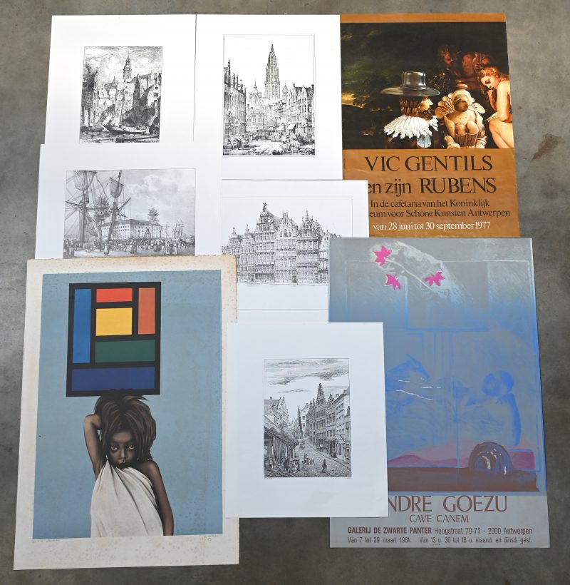 Een map met affiches e.d. Voor een tentoonstelling van Goezu in de Zwarte Panter te Antwerpen in 1981 en “Vic Gentils en zijn Rubens” (1977). Guy Van den Bulcke (°1931), Litho met ref. naar Mondriaan en de derde wereld, gesigneerd. Vijf repro’s van zichten op Antwerpen door diverse kunstenaars.