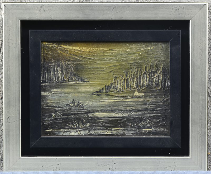 “Abstract landschap”. Een olieverfwerkje met reliëfwerk op board. Herkomst Galerij Kunstparadijs te Aalst.