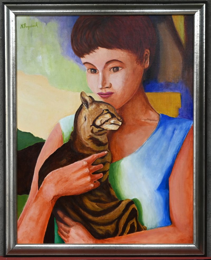 “Meisje met kat”. Olieverf op doek. Gesigneerd.