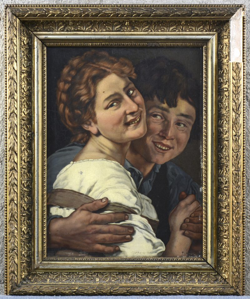 “Lachend koppel”. Een olieverfschilderij op een oude reclameplaat. Gesigneerd “Ed. Bourgeois 1885”.