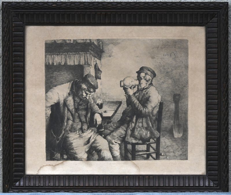 “De drinkers”. Een ets. Gesigneerd en gedateerd 1886 in de plaat. Vochtvlek onderaan.