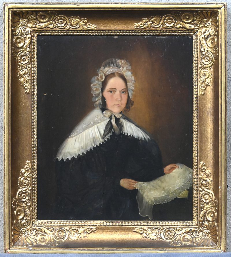 “Portret van een burgervrouw”. Olieverf op paneel. Gesigneerd. Medio XIXe eeuw.