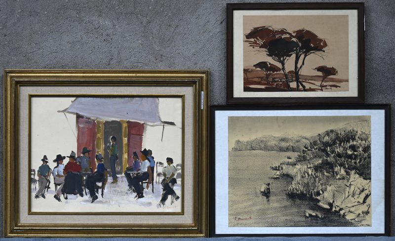 “Dans le Morbihan” (25 x 33 cm), “Pins Parasol” (17 x 24 cm), “Caféterras” (26 x 35 cm). Drie tekeningen met houtskool, inkt en gouache. Alle gesigneerd.