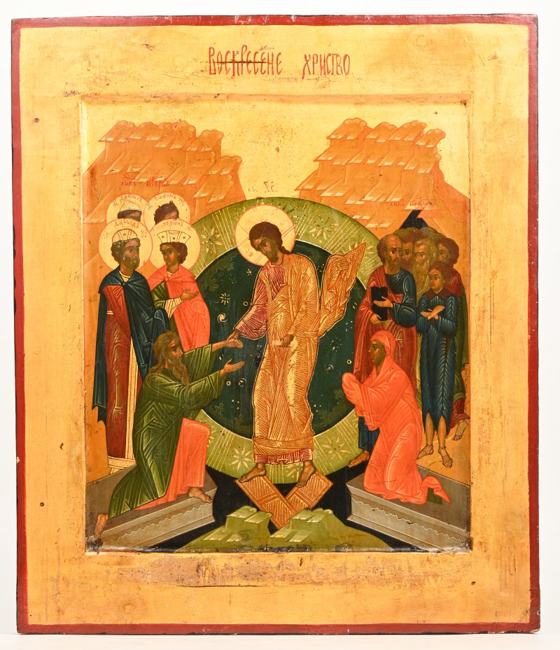 “воскресение Христво, de opstanding van Christus met Maria en talrijke heiligen”. Een Russisch icoon. XIXde eeuw.