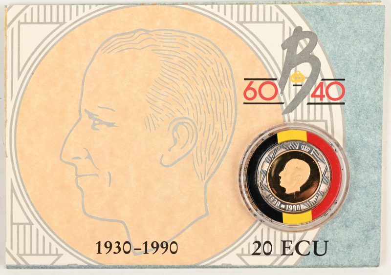 Herdenkingsmunt Boudewijn I 60-40, 1990. “20 ecu”. Centraal geel goud (3,55 g - 900‰) met een zilveren rand (19,5 g - 833‰). In etui.