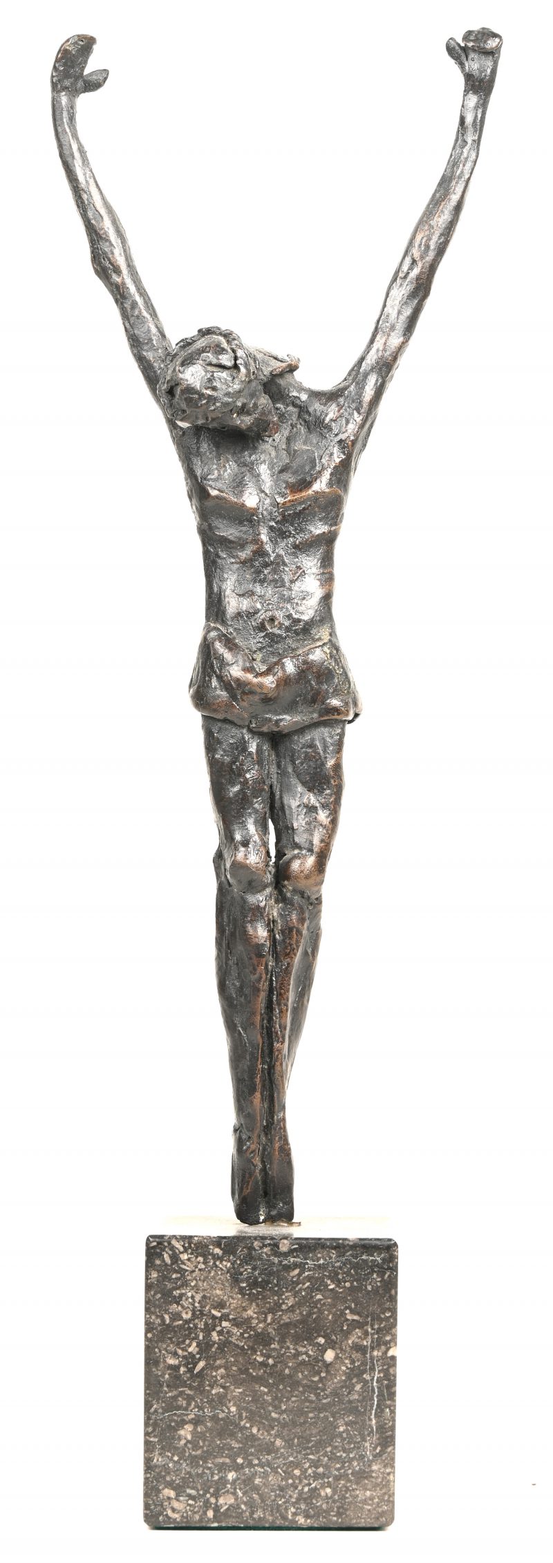 “Christus.” Gedateerd ‘81, Onleesbaar gesigneerd. Bronzen beeld op marmeren voet.