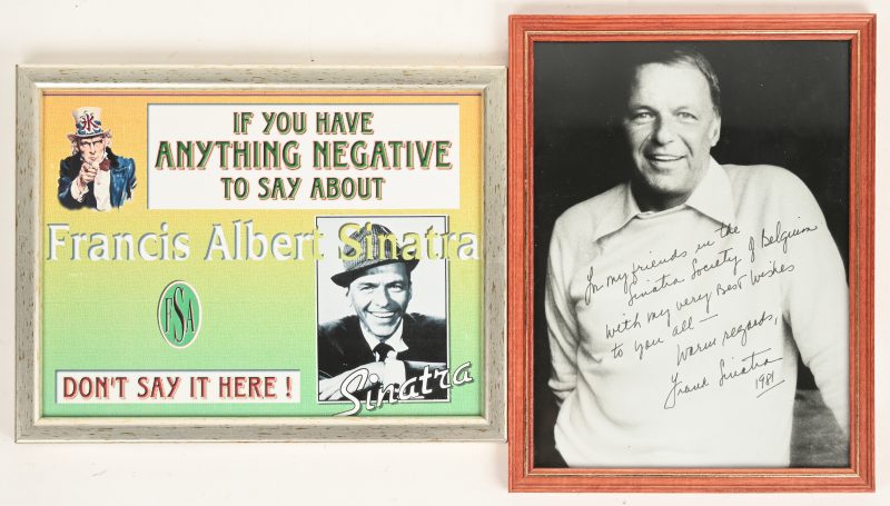Een gesigneerde foto met dedicatie van Frank Sinatra - voor de ‘Sinatra Society of Belgium.’ We voegen er een clip-art kader aan toe. Gedateerd 1981.