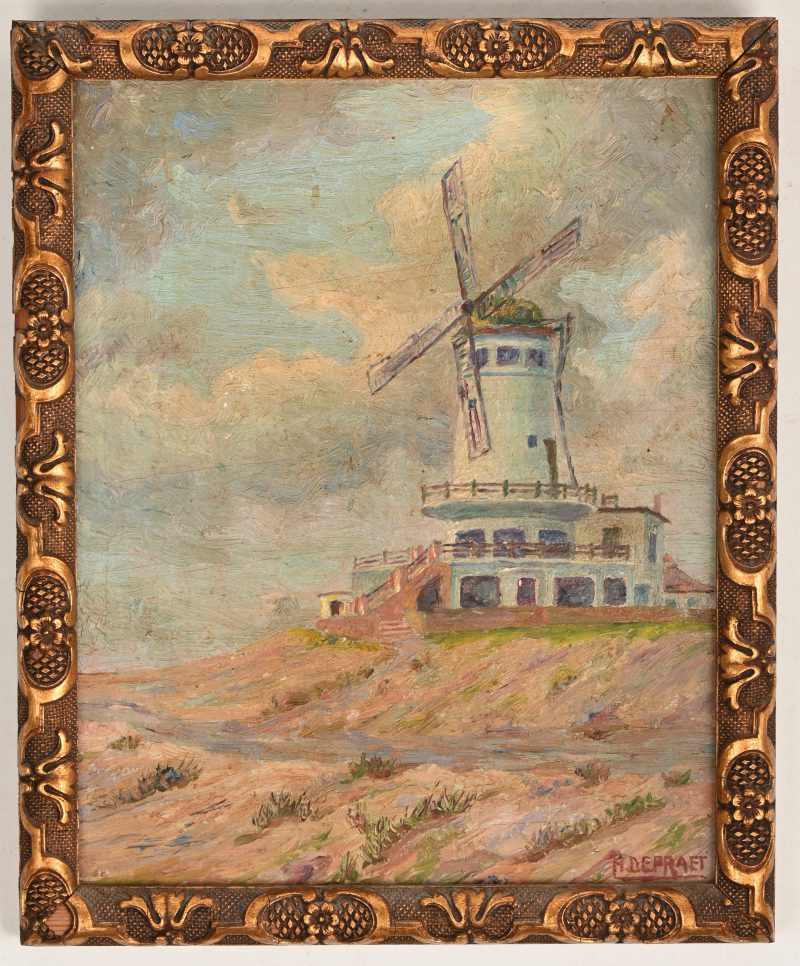 “Molen te Oostende”, een schilderij olieverf op paneel, onderaan gesigneerd “H. Depraet”
