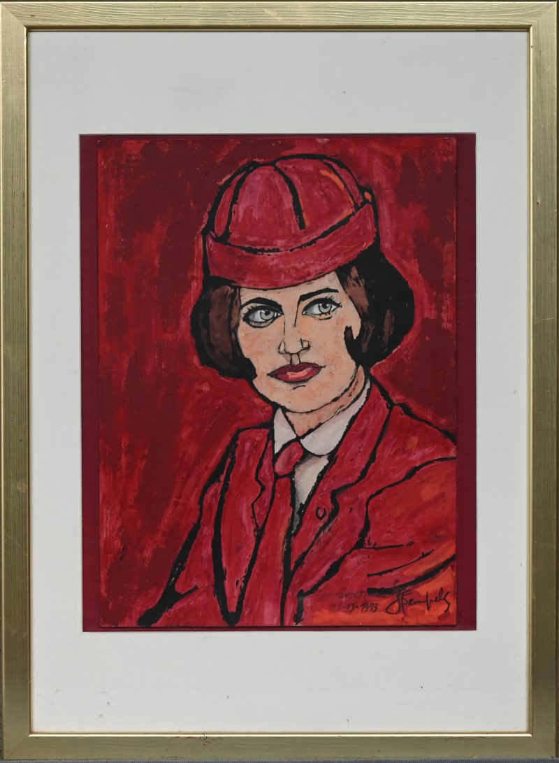 “Lady in Red”. Een schilderij, gemengde techniek op paneel, onderaan gesigneerd “Jef Sempels 03-1993”.