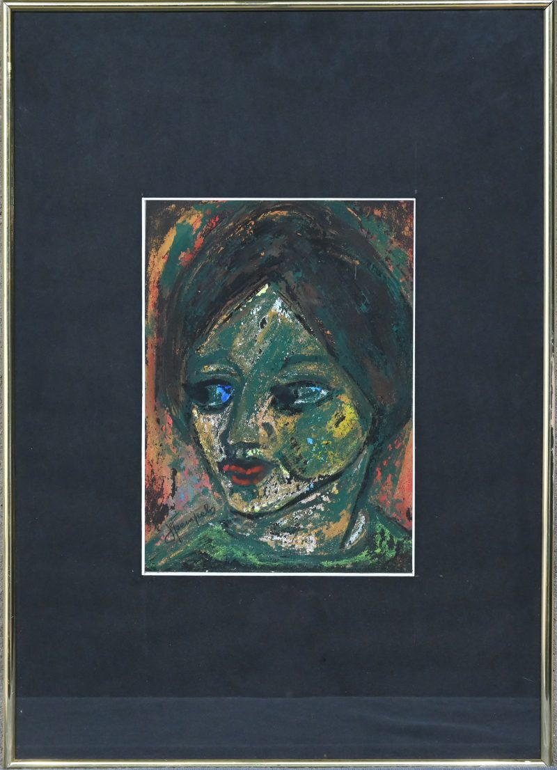 “Groen portret”. Een schilderij, gemengde techniek op papier, onderaan gesigneerd “Jef Sempels”.