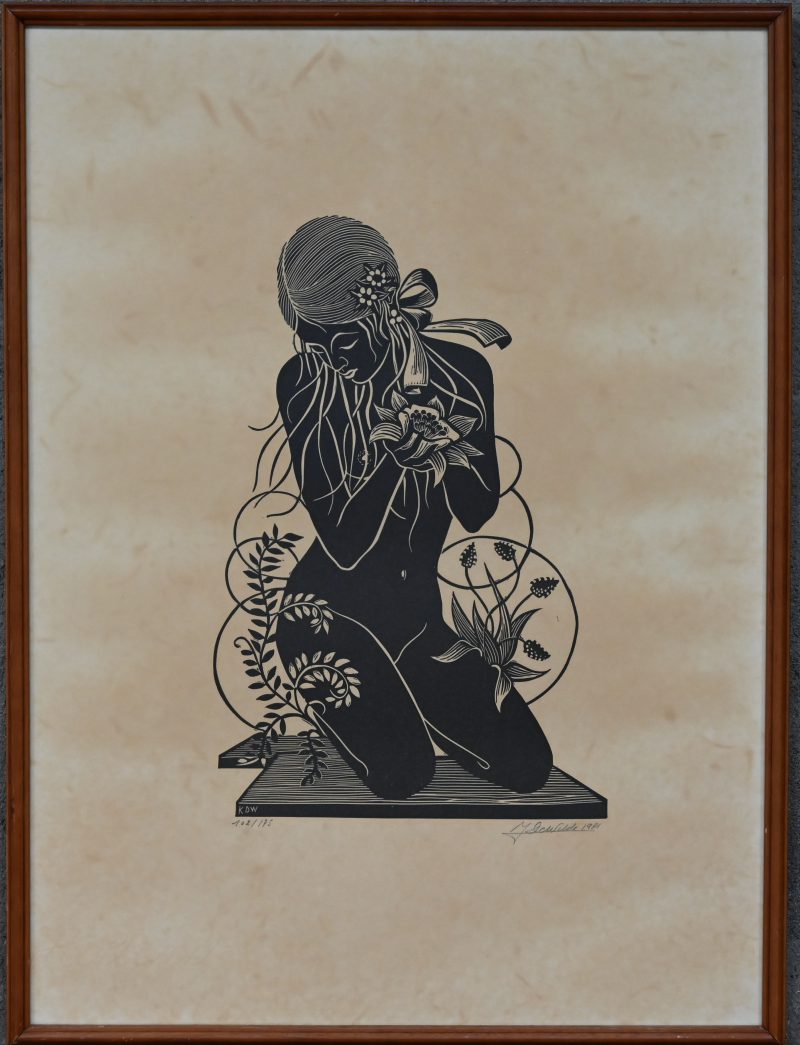 “Meisje met bloem”. Een houtsnede op papier, onderaan gesigneerd “J Dewilde 1981” - “102/175”.