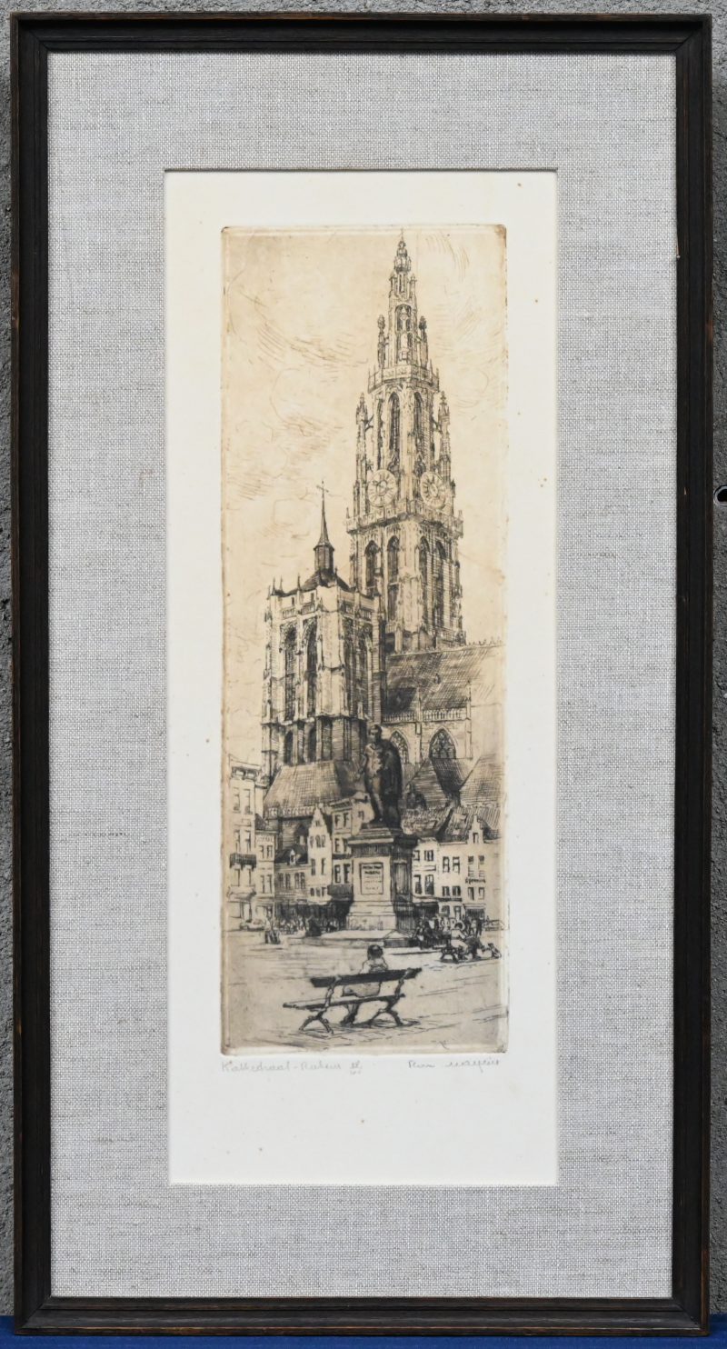 “OLV Kathedraal van Antwerpen”. Een ets op papier, onderaan gesigneerd “Rom. Malfliet” - “Kathedraal - Rubens 38/100”.