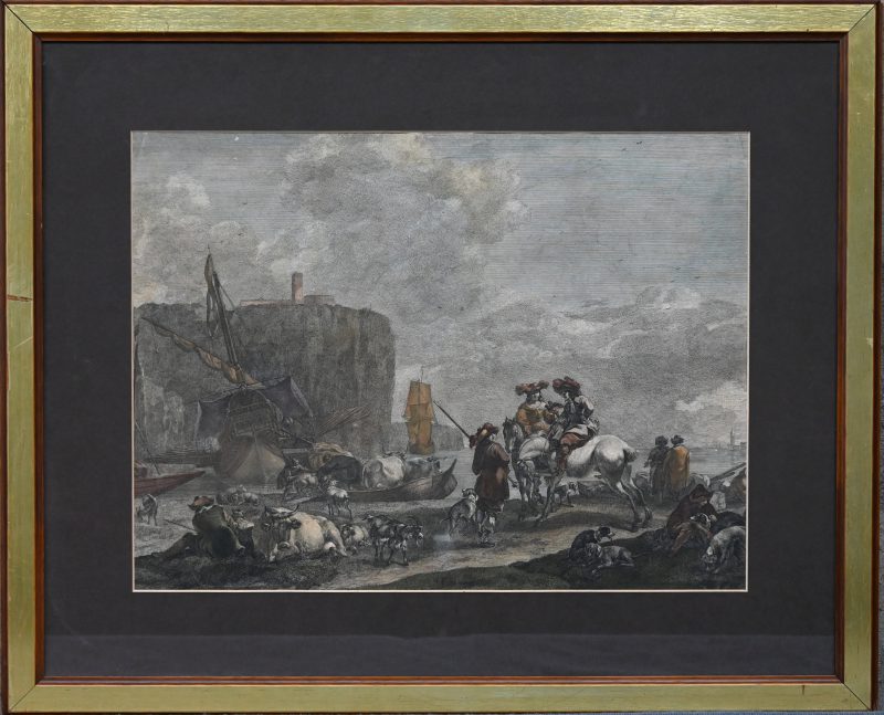 “Het laden van het vee op de veerboot bij de zuidelijke kust”. Een ingekleurde gravure op papier, door Johannes van Lanschot naar Nicolaes Berchem, 1753.