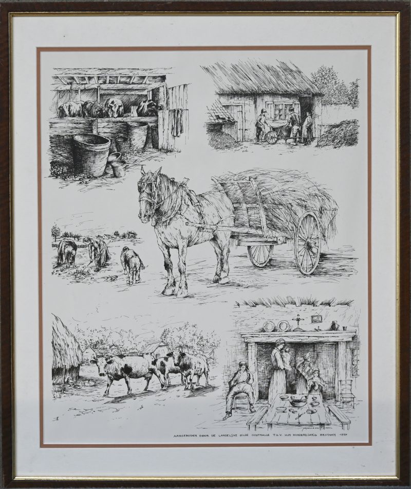 Een print op papier met paard en hooiwagen