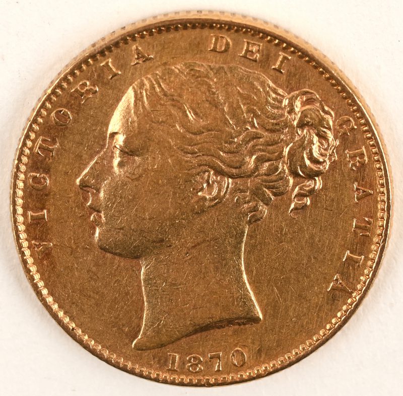 Een 22 karaats geelgouden muntstuk. “Victoria Dei Gratia 1870”.