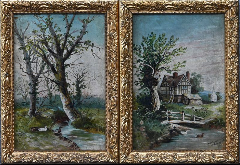 “Farmhouse - Petersfield.” Een paar landschappen met beek, huis en eenden. Gesigneerd, en gedateerd 1897. Olieverf op doek.