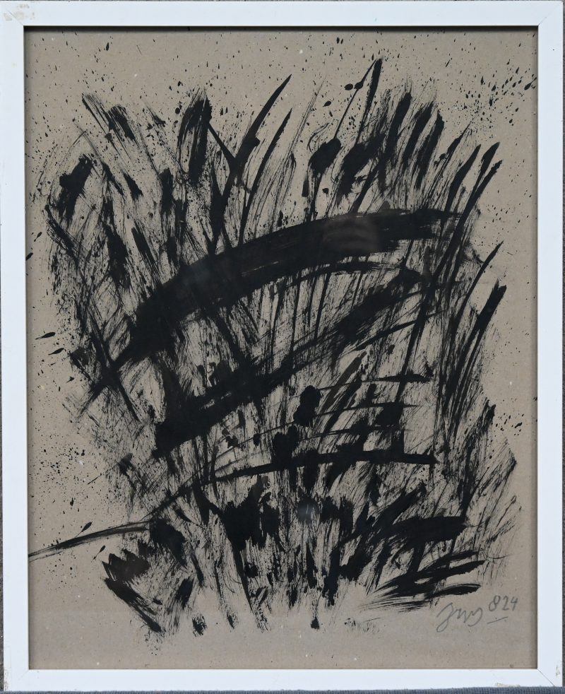 “Abstract expressionisme”. Een schilderij, inkt op papier. Onderaan gesigneerd en genummerd.