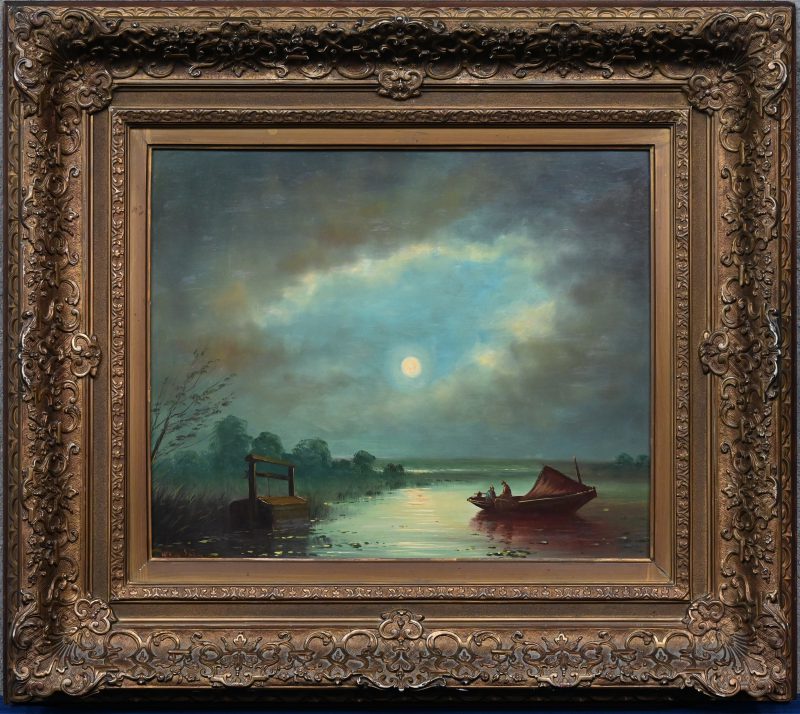 “Soir sur le Lac”. Een schilderij, olieverf op paneel. Gesigneerd “Van Der Salm”.