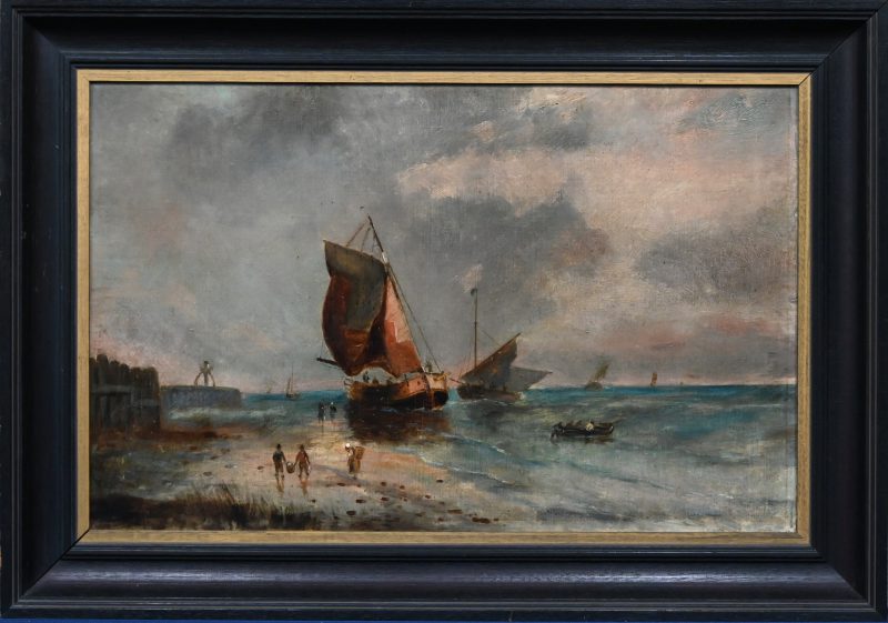 “Vissersboten aan het strand”. Een 19e eeuws schilderij, olieverf op paneel. Uit de catalogus van Van Herck.