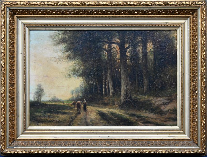 “Boerin met koeien aan het bos”. Een schilderij, olieverf op doek. Onderaan gesigneerd. vermelding achteraan 1925