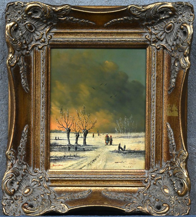 “Winters landschap met knotwilgen”. Een schilderij, olieverf op paneel, onderaan gesigneerd “Breedveld”.