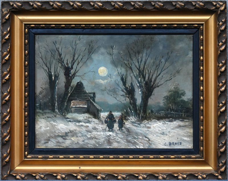 “Winters landschap bij volle maan”. Een schilderij, olieverf op paneel. Onderaan gesigneerd.