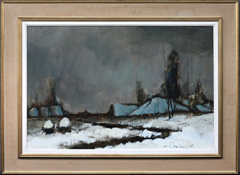 “Winters dorpszicht”. Een schilderij, olieverf op doek, onderaan gesigneerd “J. Pauwels”.