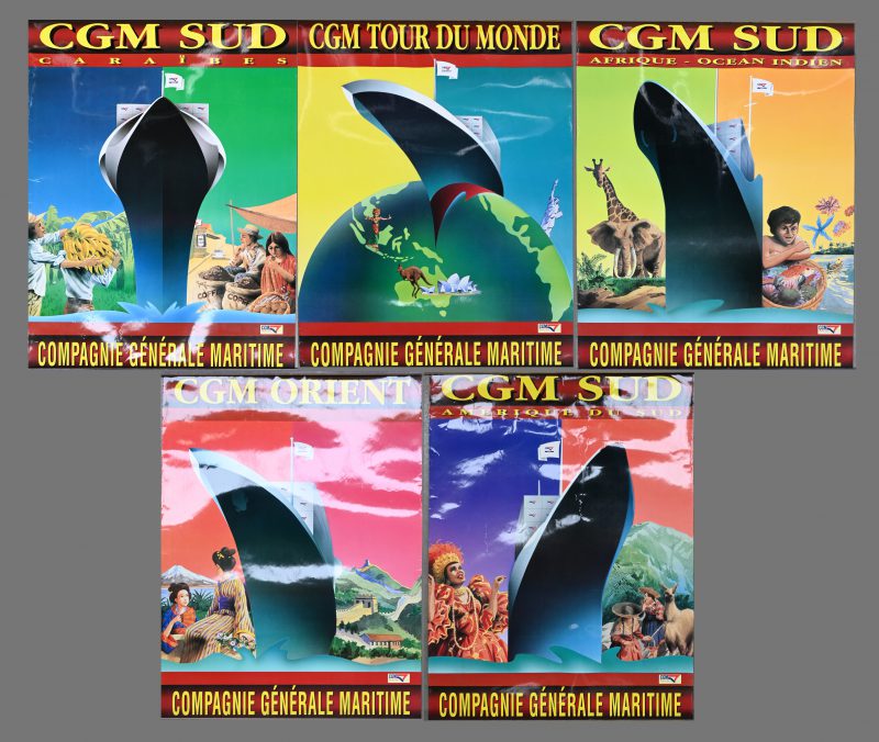 Vijf affiches van de Compagnie Générale Maritime ontworpen door Pierre Fix-Masseau. Titels: “Orient”, “Sud, Amérique du Sud”, “Sud, Afrique - Océan indien”, “Sud, Caraïbes”, “Tour du Monde”. Op geglaceerd papier.