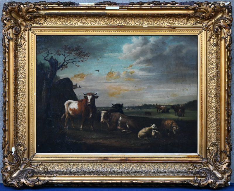 “Koeien en schapen in de wei”. Een schilderij olieverf op doek. Schriftelijk toegeschreven aan Paulus Potter. Vermoedelijk oude herdoeking.