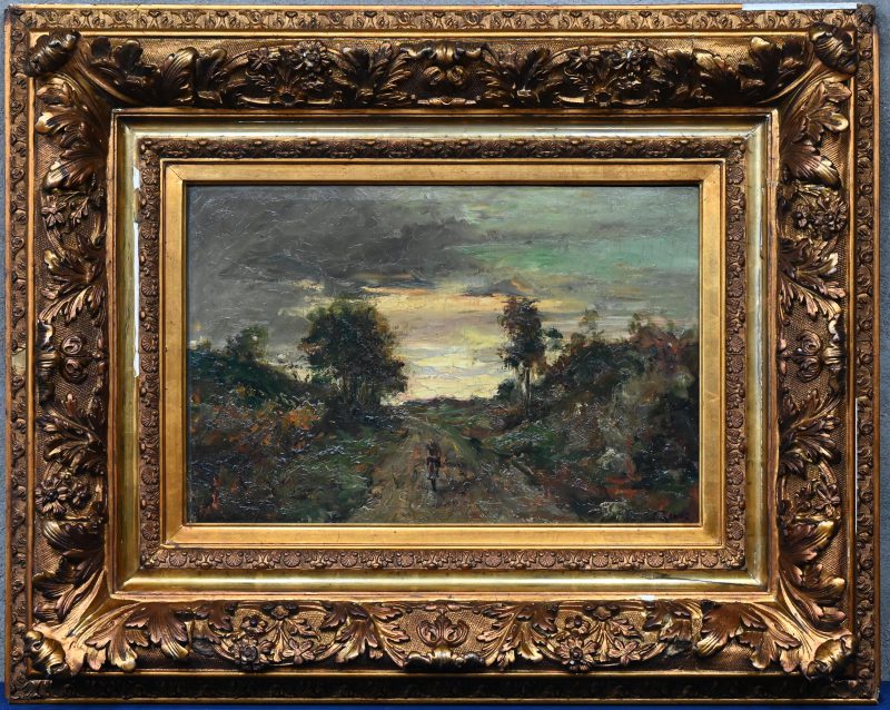 “Kempens landschap met fietser”. Een schilderij, olieverf op doek, onderaan gesigneerd.