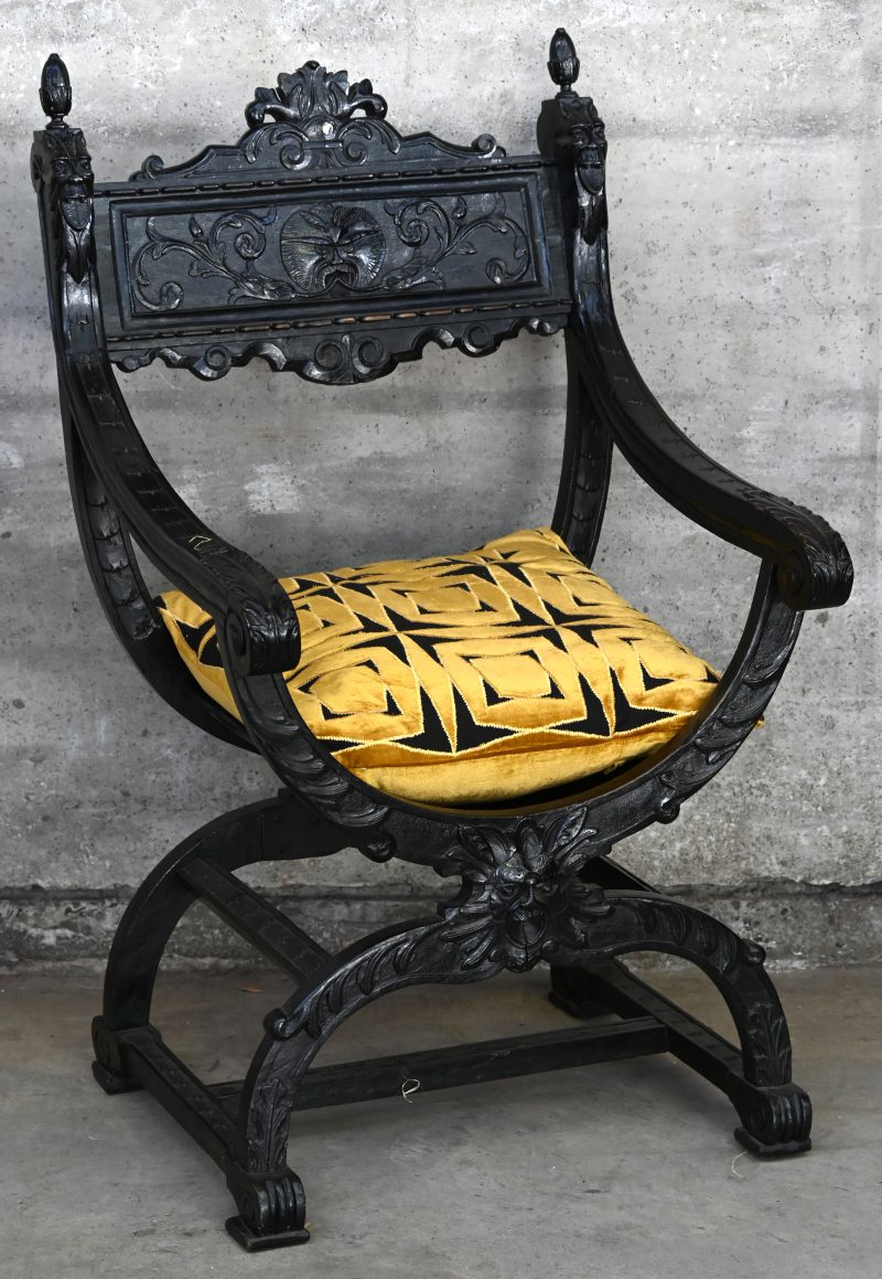 Een houten gesculptuurde Dagobert stoel met bijhorend goudkleurig kussen.