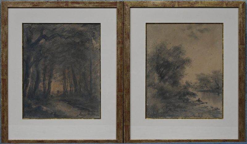 Een paar landschappen met personages. Houtskool op papier. Engelse School XIXde eeuw. Onleesbaar gesigneerd, kleine letsels. (AID2907).