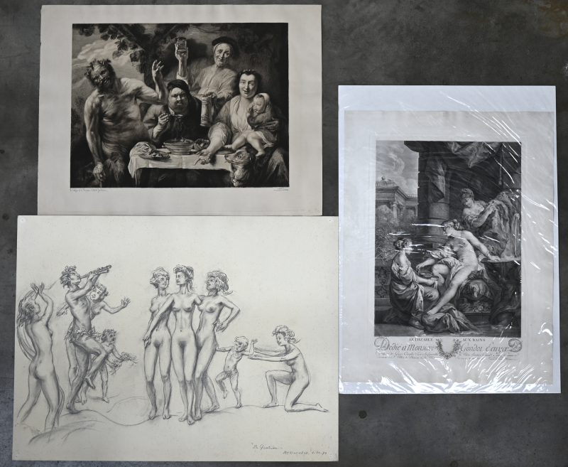 Drie grafische werken: A. Danse, “Le Satyre et le Paysan d’après Jordaens”, ets. Voyer, “Bethzabée aux Bains”, ets. Jan Duchêne 1976, “De Gratiën”, tekening.