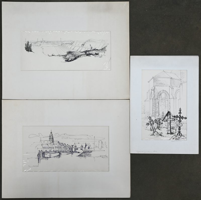 “Steendorp”; “Waasmunster” & “Rupelmonde”. Drie inkttekeningen op papier. Alledrie gesigneerd en gedateerd 1971 & 1972.