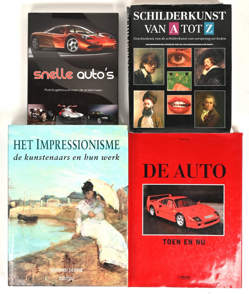 Een lot van vier boeken. “Schilderkunst van A tot Z”, “Het Impressionisme”, “Snelle auto’s”, “De auto, toen en nu”.