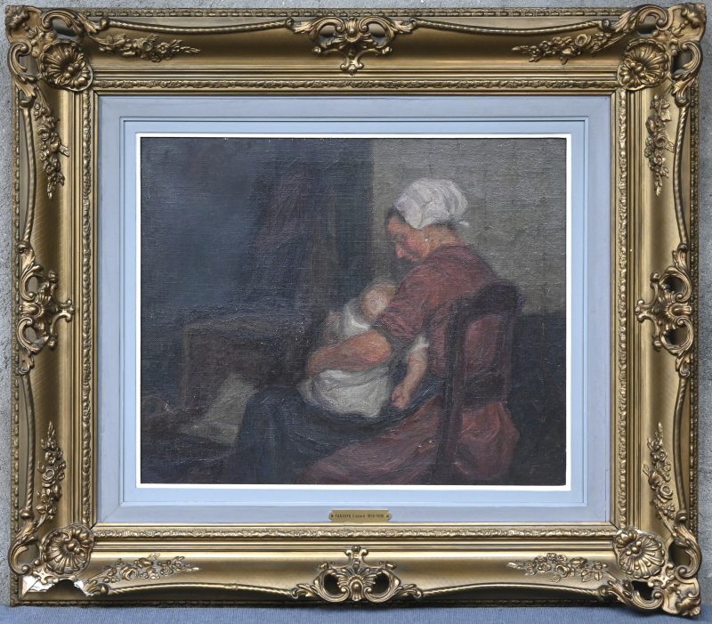 “Moeder met kind”. Een schilderij, olieverf op doek, onderaan gesigneerd.
