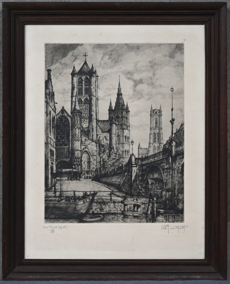 “Drie Torens (Gent)”. Een ets op papier, gesigneerd “Ant. J. van Hoecke”. Genummerd 128/150
