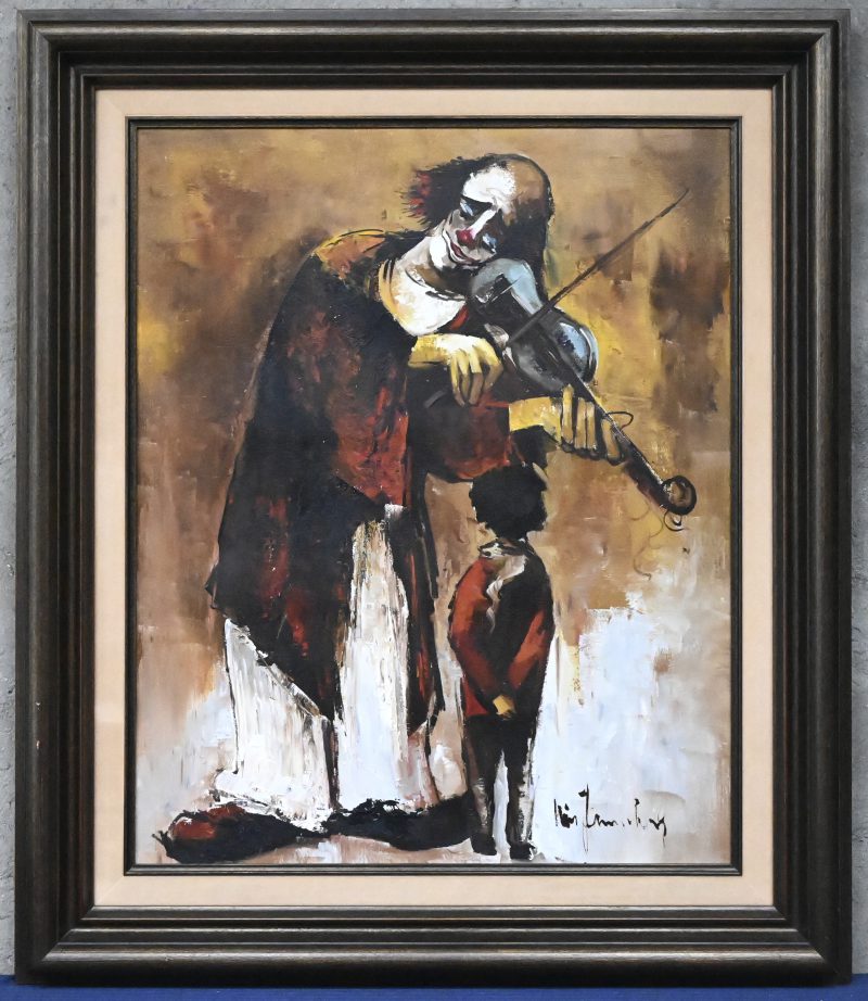 “Clown mit Kind”. Een schilderij, olieverf op doek. Onderaan onleesbaar gesigeerd.