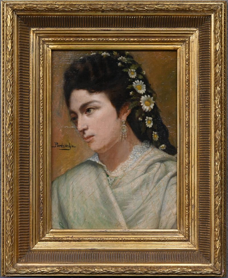 “Portret van een dame met bloemen in het haar.” Olieverf op doek. Gesigneerd.