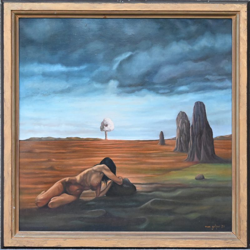 Een schilderij , olie op doek , Desolaat Landschap met Naakt getekend Mon Gelper ‘79 .