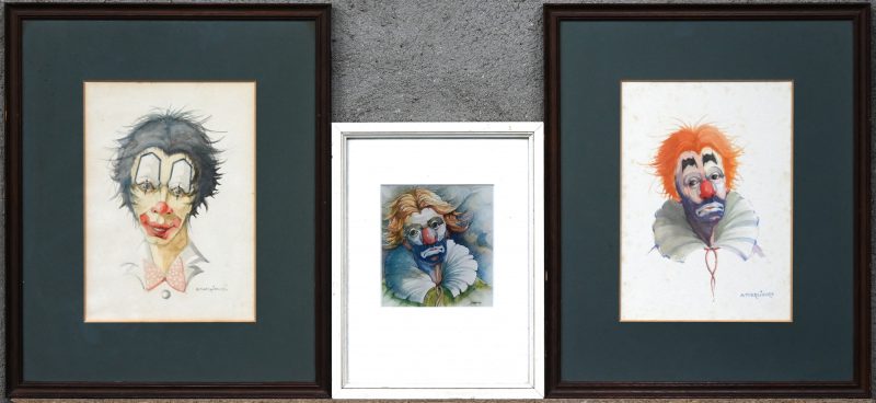 Een set van drie portretten van clowns. Aquarel op papier.