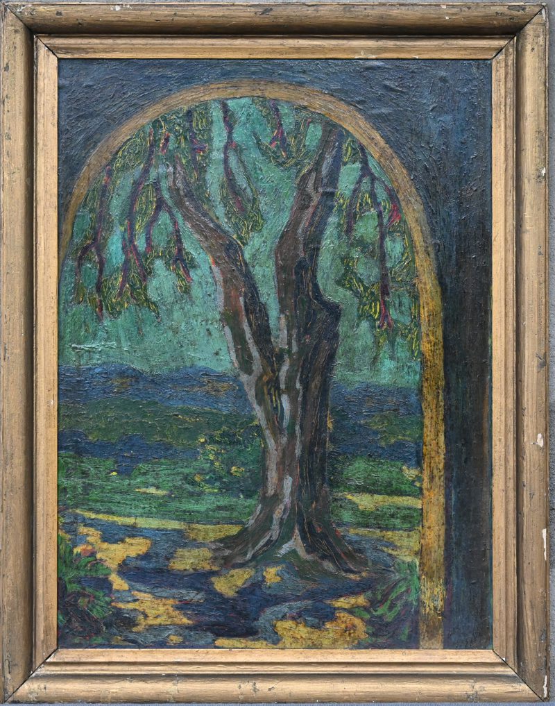 Een schilderij , olie op paneel , zicht op een boom , niet gesigneerd .