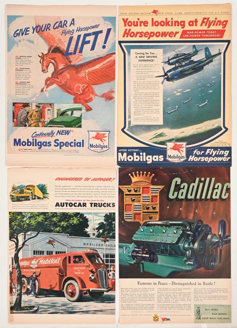 Een set magazine advertenties. Waaronder één van Cadillac en drie van Mobilgas.