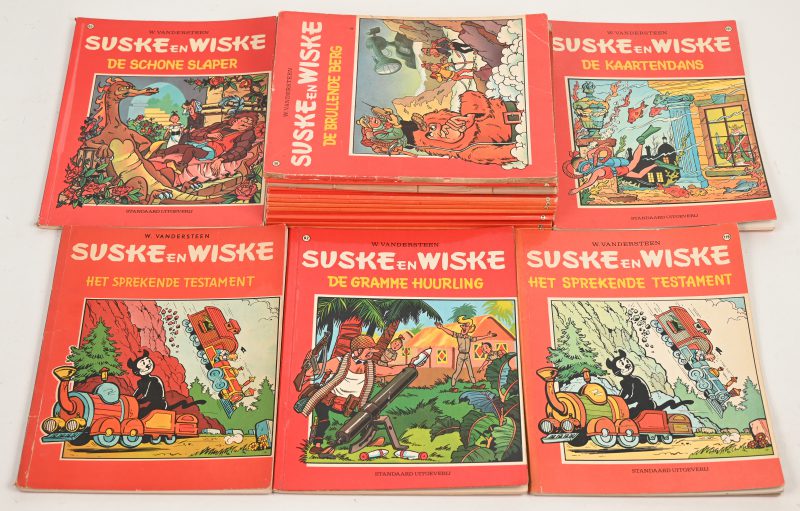 Een lot van 18 strips van Suske en Wiske. Waaronder vijf eerste drukken: Ijzeren Schelvis”, “De Gramme Huurling.”, “De Schone Slaper.”, “De Kaartendans.”, “Het sprekende testament.”