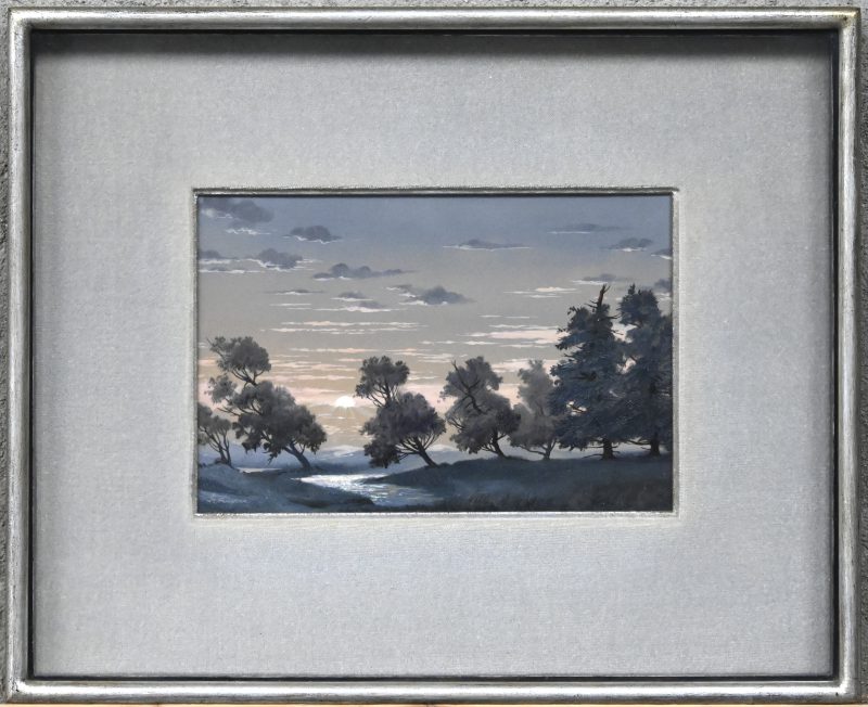 “Landschap bij zonsondergang”. Een schilderij, olieverf op paneel. Onderaan gesigneerd “Fr. Luyckx”.